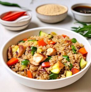 Receita de Salada de Quinoa com Legumes, Frango e Abobrinha