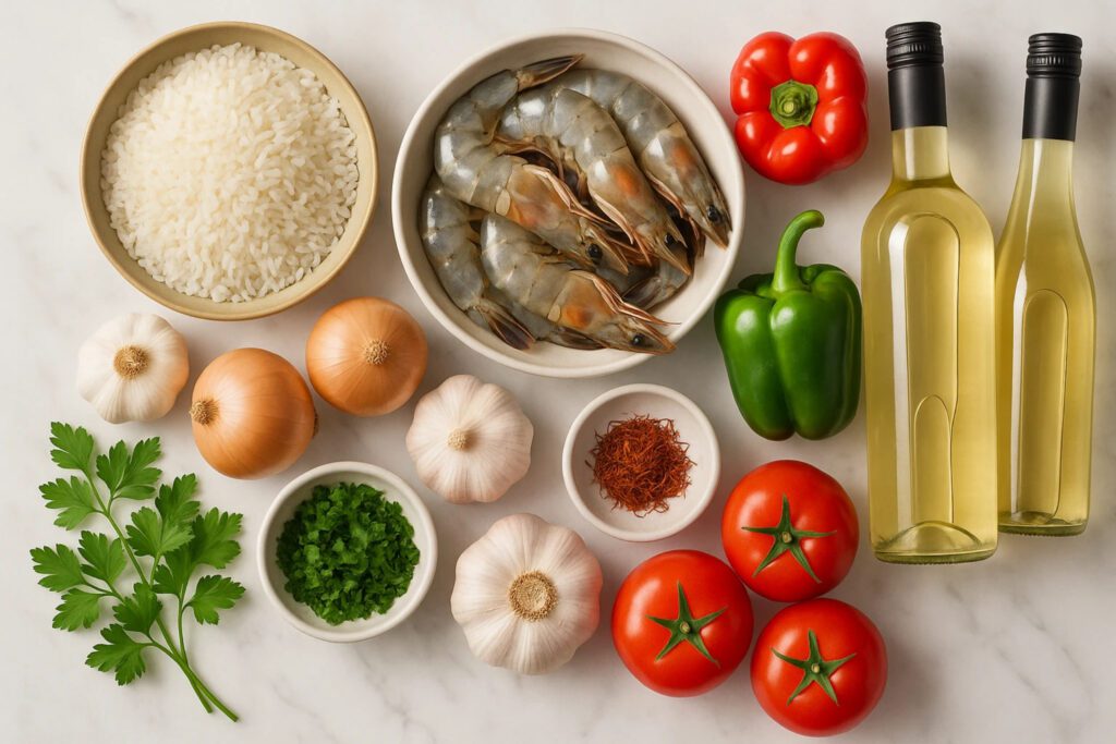 Flat lay of fresh ingredients for arroz de camaro raw shrimp rice grains
