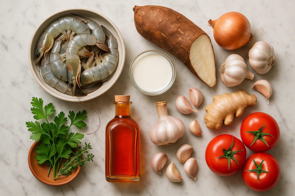 Flat lay of fresh ingredients for bob de camaro raw