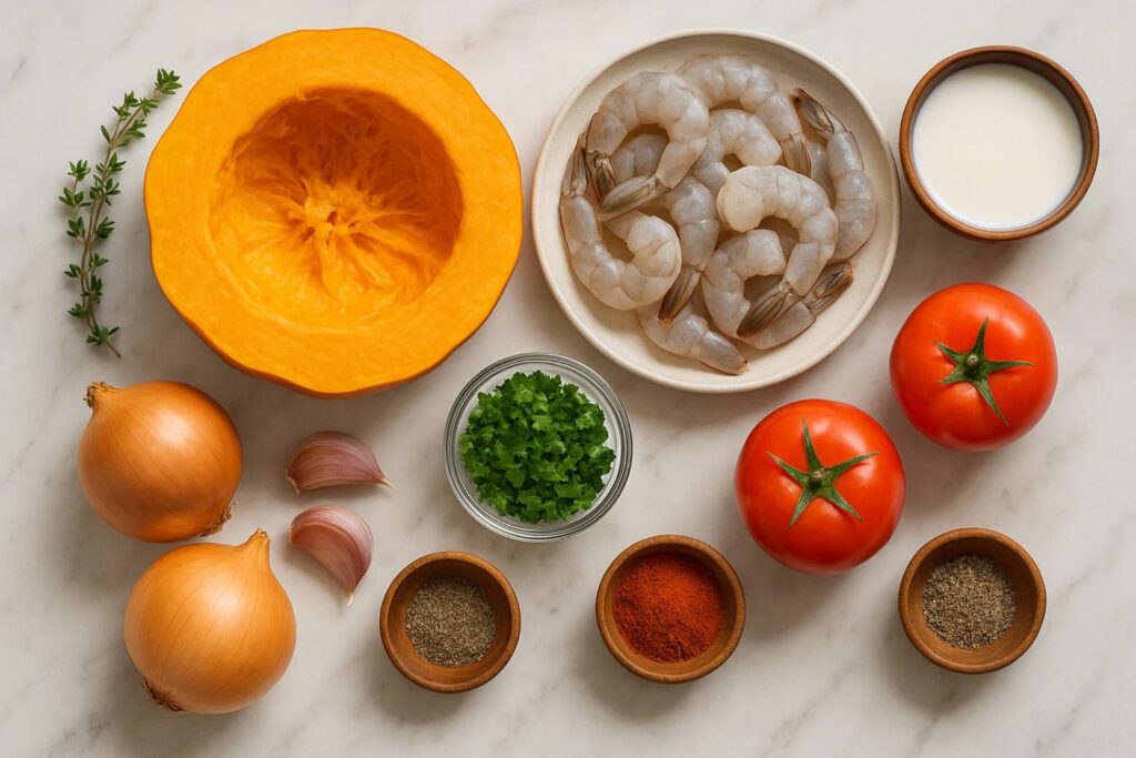 Flat lay of fresh ingredients for camaro na moranga