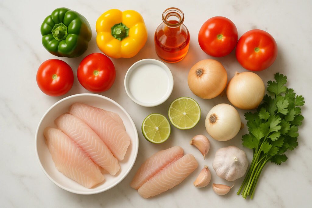 Flat lay of fresh ingredients for moqueca de peixe raw white