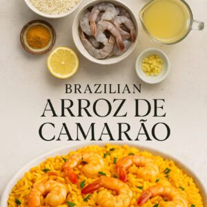 Pinterest style vertical image of Brazilian arroz de camaro recipe