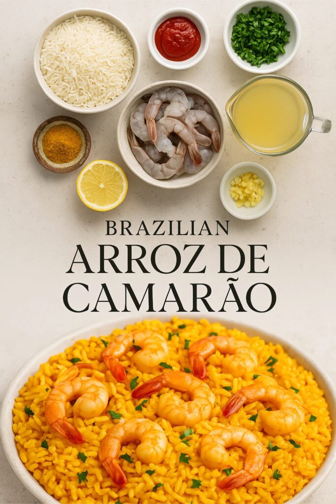 Pinterest style vertical image of Brazilian arroz de camaro recipe
