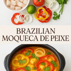 Pinterest style vertical image of Brazilian moqueca de peixe