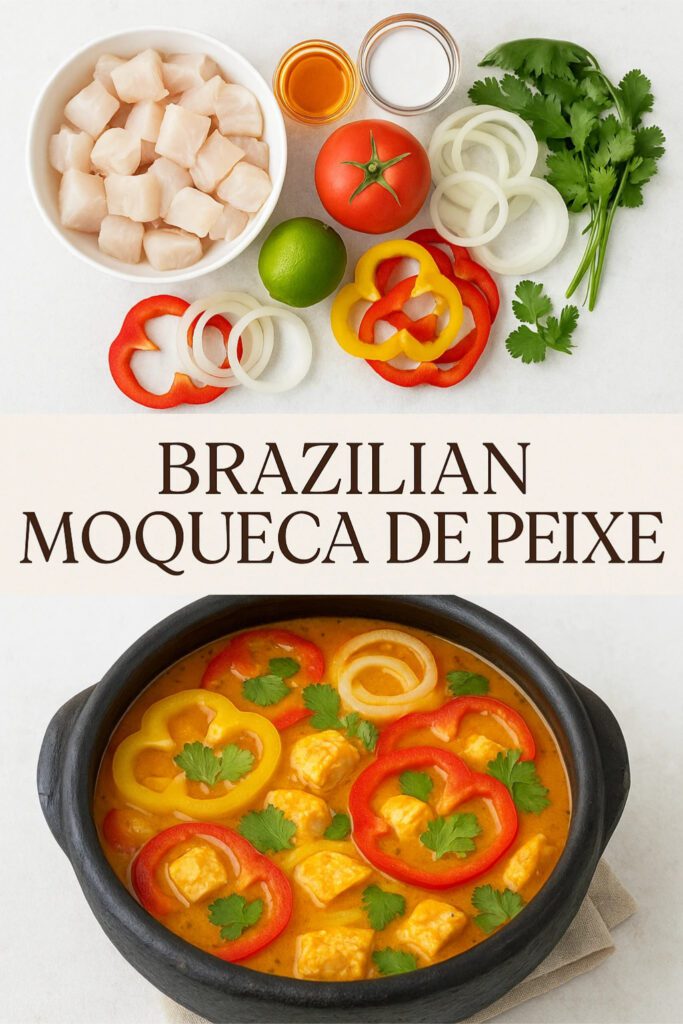 Pinterest style vertical image of Brazilian moqueca de peixe