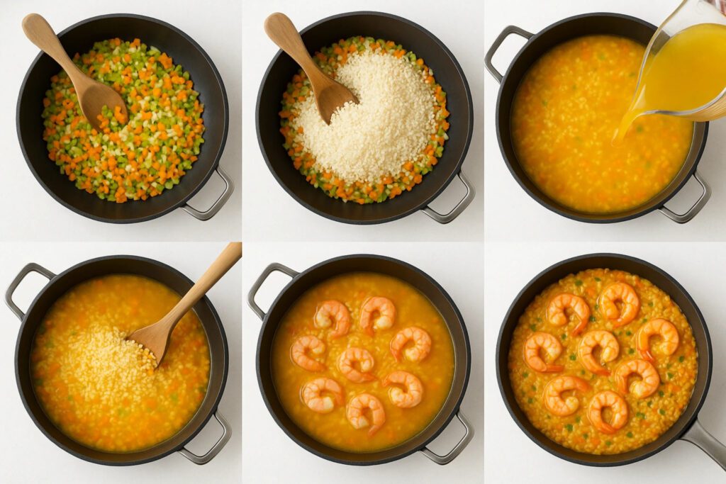 Step by step collage showing arroz de camaro