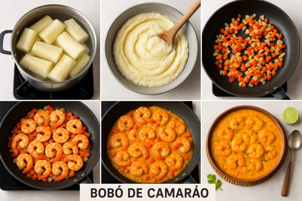 Step by step collage showing bob de camaro preparation cooking