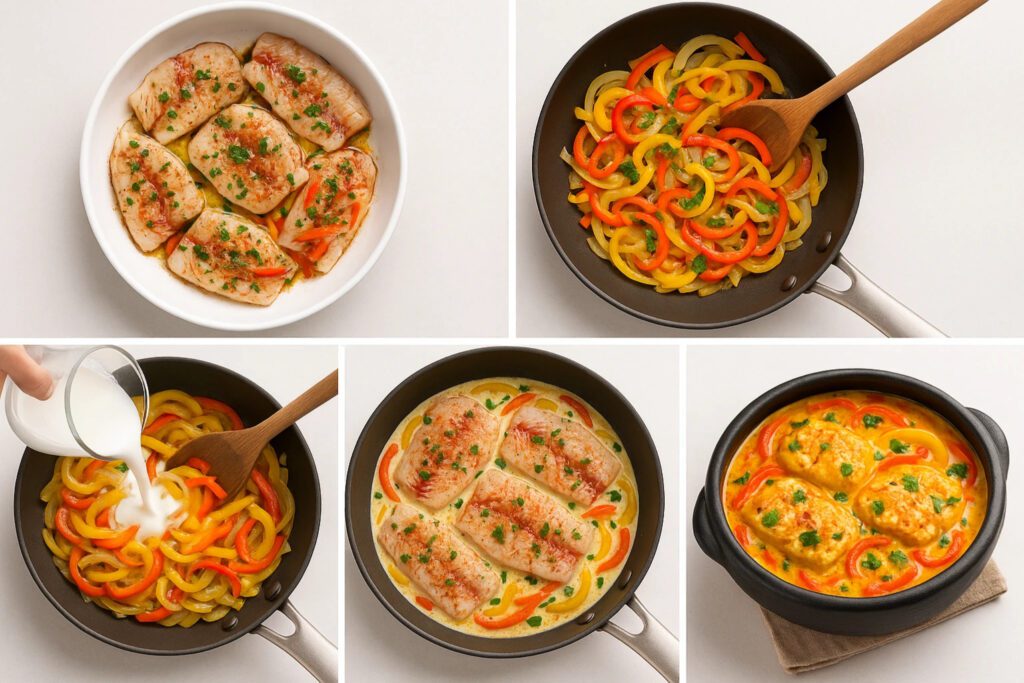 Step by step collage showing moqueca de peixe preparation