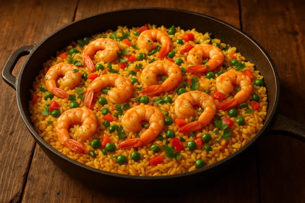 arroz de camaro in a large pan golden saffron