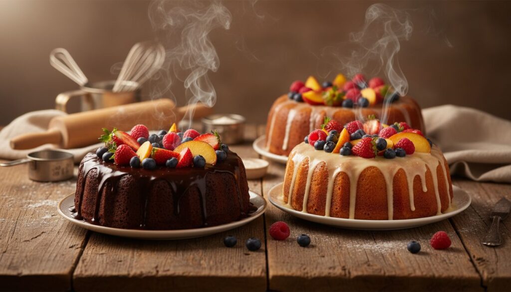 Beautiful moist homemade cakes on rustic