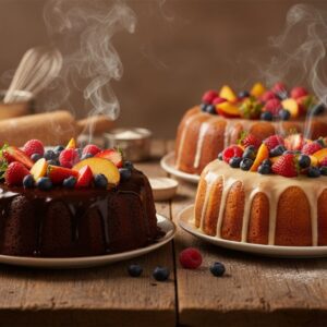 Beautiful moist homemade cakes on rustic