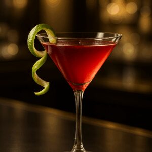 Coquetel Cosmopolitan clássico em taça de martini, com torção de limão, sobre um balcão elegante. Ideal para amantes de coquetéis.