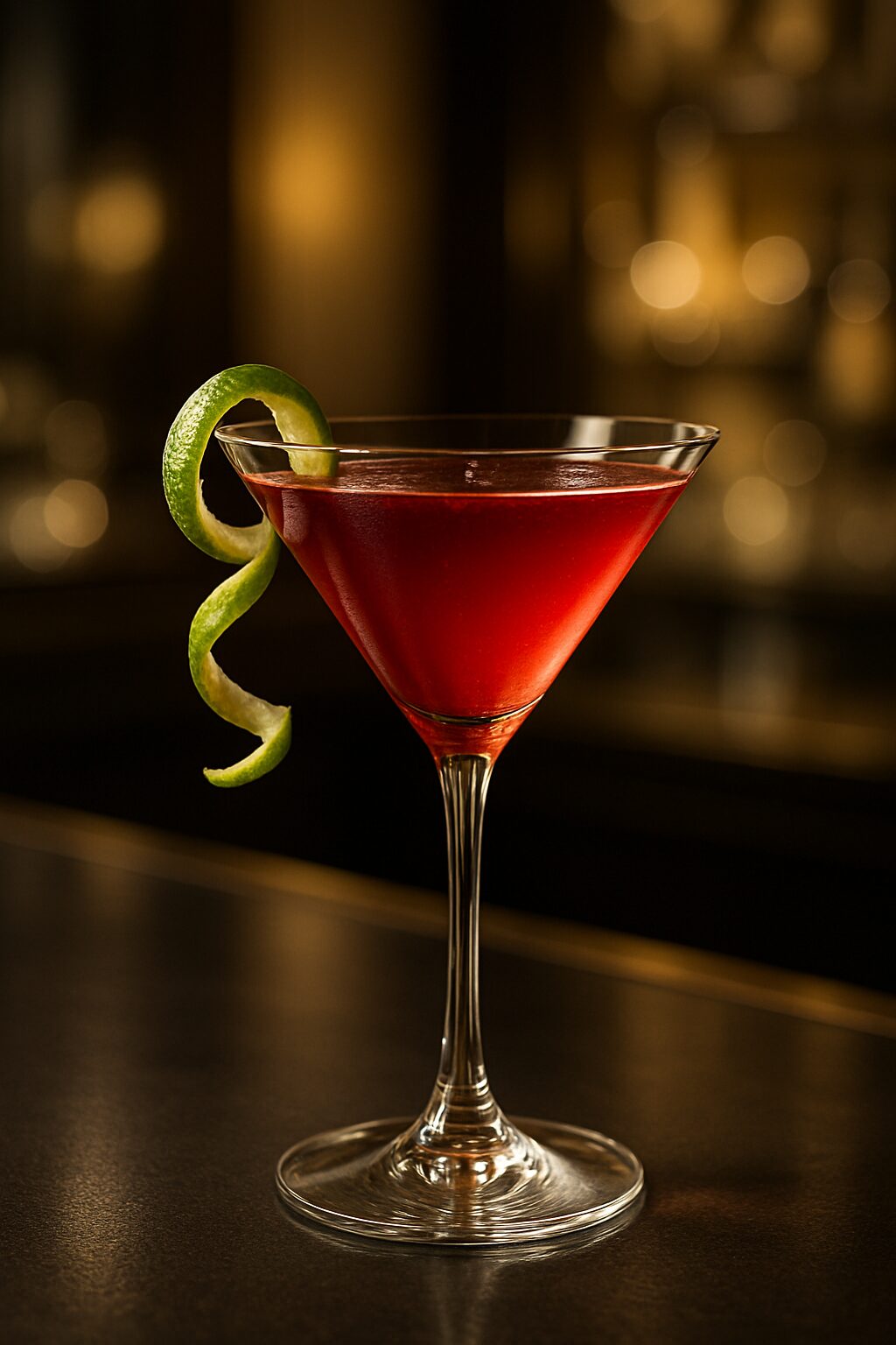 Cosmopolitan Perfeito: A Receita Definitiva do Coquetel Clássico 7 Coquetel Cosmopolitan clássico em taça de martini, com torção de limão, sobre um balcão elegante. Ideal para amantes de coquetéis.