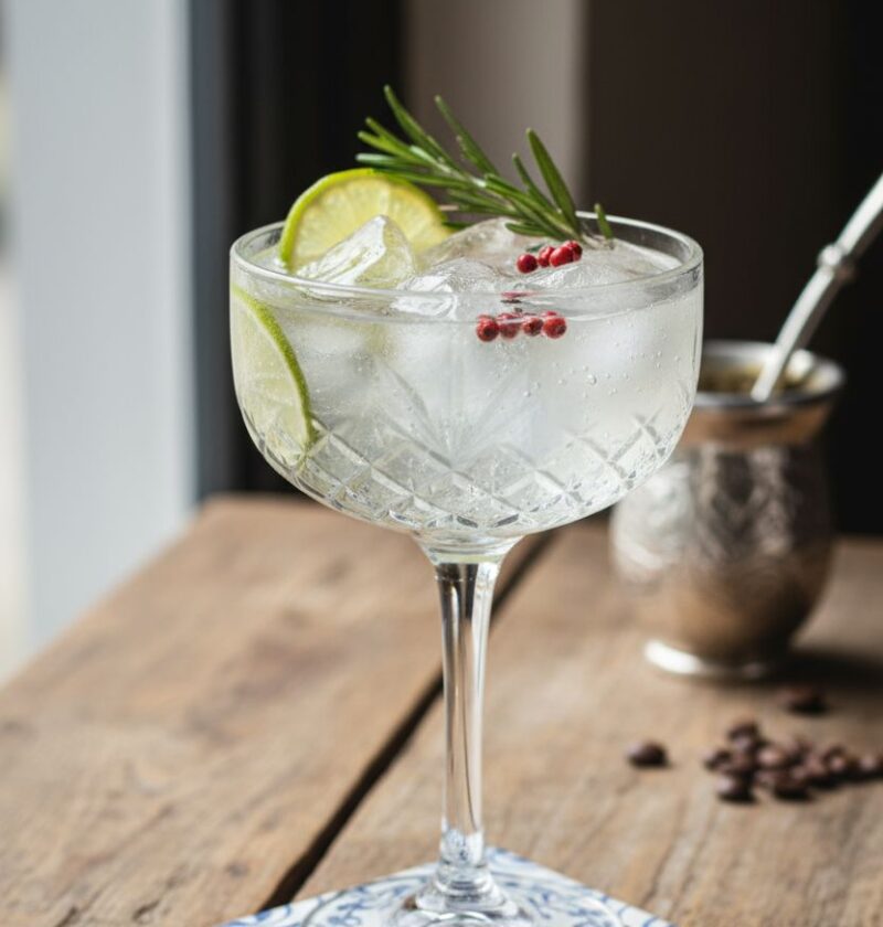 Elegant artisan Argentine gin tonic cocktail in a crystal