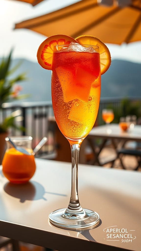 Um refrescante Aperol Spritz em um copo alto, com rodela de laranja e gelo, representando a essência das bebidas italianas.