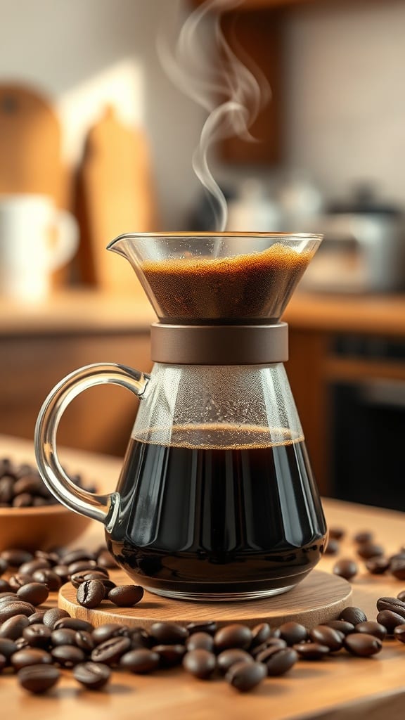 Café coado artesanal em uma jarra de vidro, uma das melhores bebidas para começar o dia.