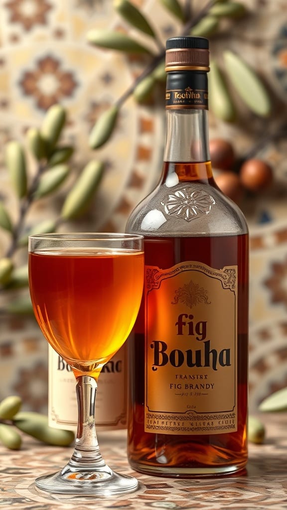 Garrafa de Boukha e um copo com a bebida de figo tunisiana ao lado.