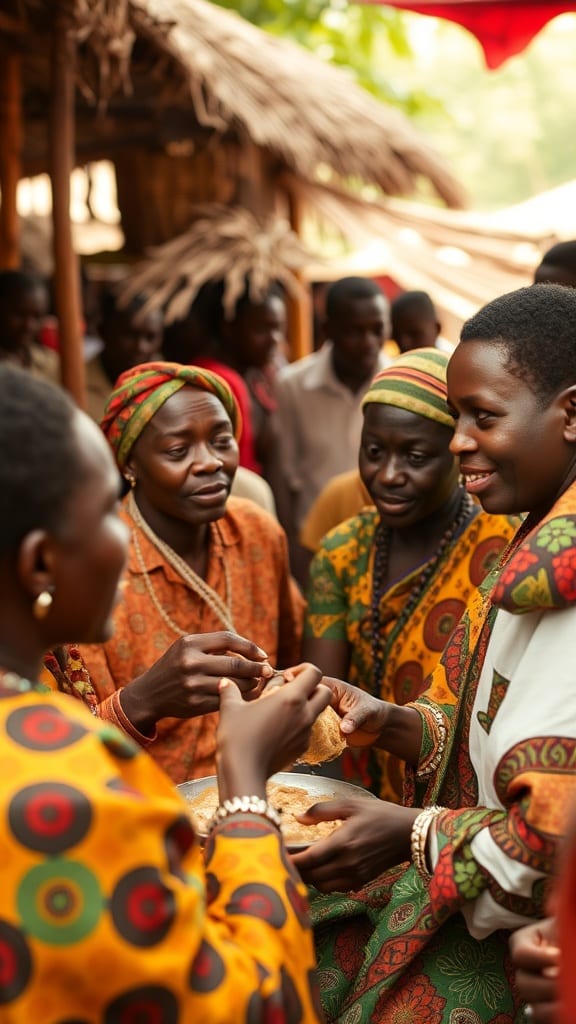 Imagem vibrante e autêntica de Waragi, a bebida tradicional de Uganda, sendo apreciada em um ambiente social com elementos culturais e atmosfera acolhedora.
