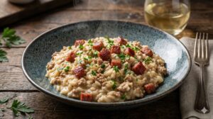Risoto de Linguiça Moída: Cremoso e Defumado