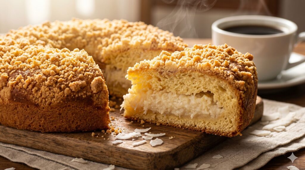 Cuca Recheada de Coco: Receita Caseira com Farofa Crocante