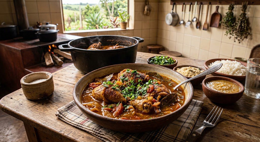 Frango Ensopado Caipira: caldo encorpado e carne que solta do osso 1 Frango Ensopado Caipira